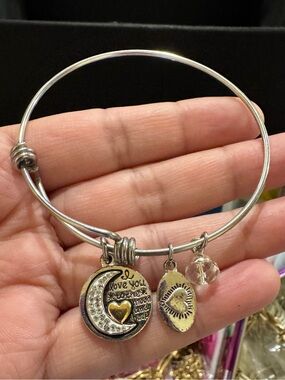 Charm Bangle Bracelet with Heart and Moon Charms